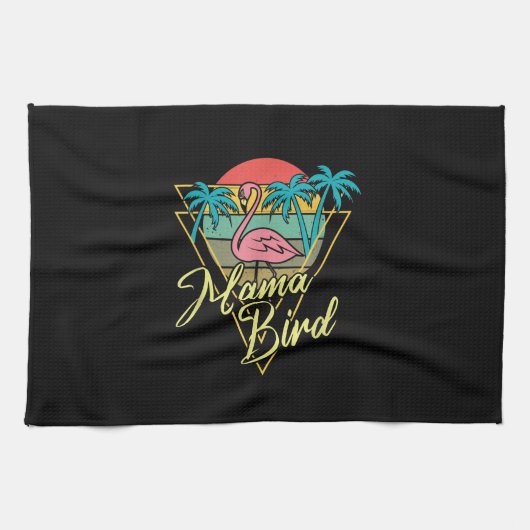 Mama Bird Flamingo Sunset Palm Tree Beach 80er Geschirrtuch (Horizontal)