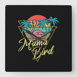 Mama Bird Flamingo Sunset Palm Tree Beach 80er Quadratische Wanduhr