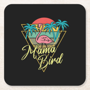 Mama Bird Flamingo Sunset Palm Tree Beach 80er Rechteckiger Pappuntersetzer