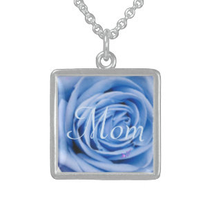 "Mama" Blue Rose Silver Square Necklace Sterling Silberkette