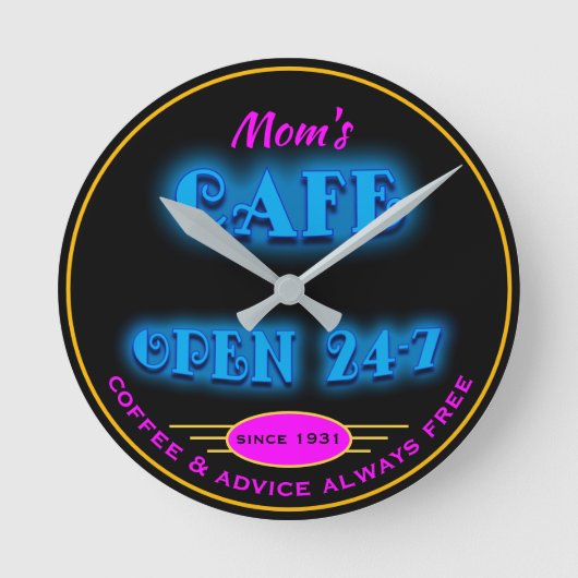 Mama Cafe Open 24 Stunden Imitate Retro Blue Neon Runde Wanduhr (Vorderseite)