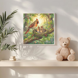 Mama Cardinal and Her Chicks Nursery Poster