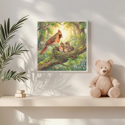 Mama Cardinal and Her Chicks Nursery Poster