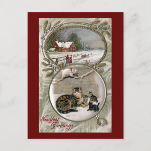 Mama Cat und Kätzchen Vintages neues Jahr Feiertagspostkarte