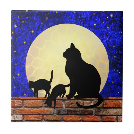 Mama Cat und Kittens Keramik Tile Fliese (Vorderseite)