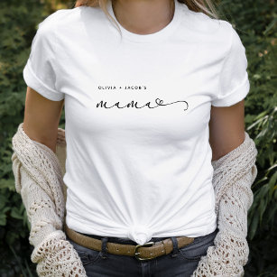 Mama   Chic Script and Heart with Kids Names T-Shirt