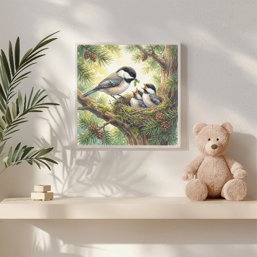 Mama Chickadee und Küken Kinderkrippe Poster
