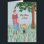Mama Cool Geburtstagskarte von Young Son<br><div class="desc">Geburtstagskarte eines jungen Sohnes, der seine Mutter für cool hält. Das Design ist eine Mutter in zwangloser Kleidung und ein kleiner illustrierter Junge mit rotem Haar. Sie sind beide in der Nähe eines Baumes stehend, und das Design wurde mit Blume, Gras und Vögeln ergänzt. Auf der Vorderseite der Karte steht...</div>