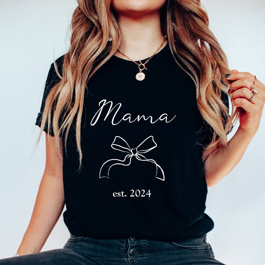 Mama | Coquette White Bow and Script on Black T-Shirt