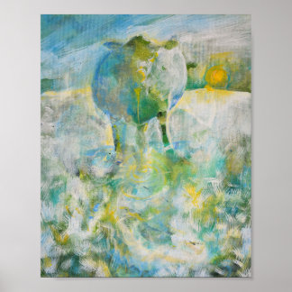 Mama Cow in the Country Blue Archival Poster