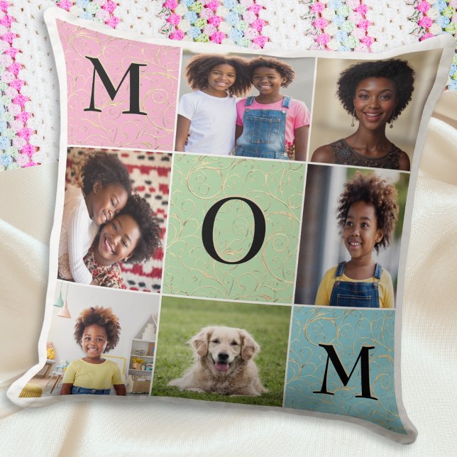 Mama Custom Elegante Foto Collage 6 Bilder Kissen (An elegant throw pillow for Mother's Day, featuring six custom photos and 'Mom' in capital letters)