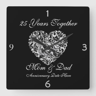 MAMA &DAD SILBER 25. Jahrestag GESCHENK Wand-Uhr Quadratische Wanduhr