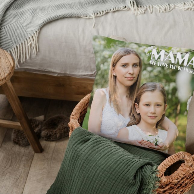 Mama | Das boho Text Overlay mit zwei Fotos anpass Kissen (Custom Boho “Mama” Photo Throw Pillow – 2 Photos)