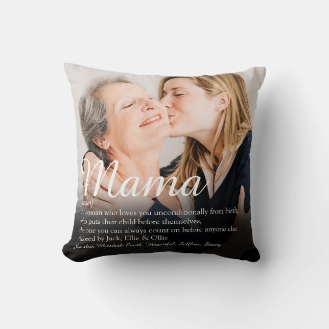 Mama Definition Quote Elegantes Script Foto Throw  Kissen (Vorderseite)
