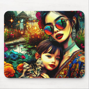 Mama der Farben und Tochter Asiatischer Blumengart Mousepad