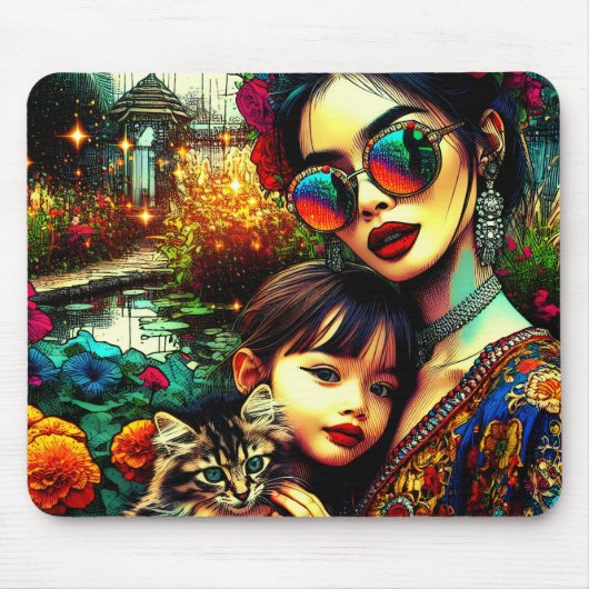 Mama der Farben und Tochter Asiatischer Blumengart Mousepad (Vorne)