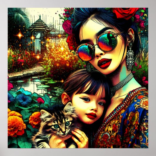 Mama der Farben und Tochter Asiatischer Blumengart Poster (Vorne)