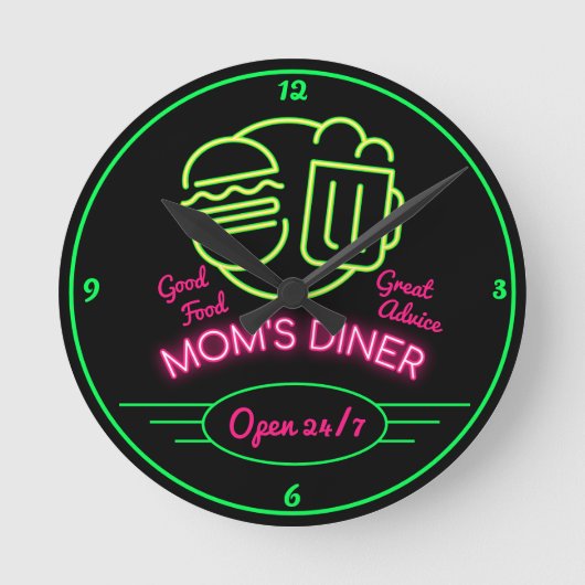 Mama Diner Open 24/7 Retro Fifties Neon Effect Runde Wanduhr (Vorderseite)