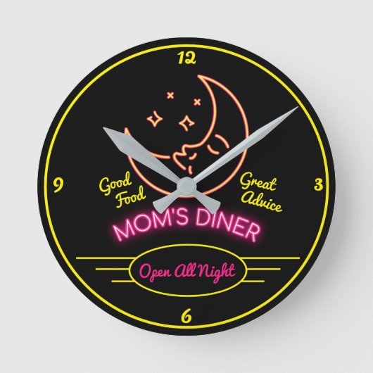Mama Diner Open All Night Retro 50's Neon Effect Runde Wanduhr (Vorderseite)