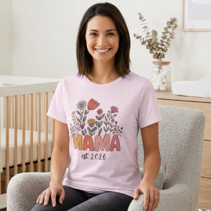 Mama Est 2026 Schwangerschaft Blumen Personalisier T-Shirt