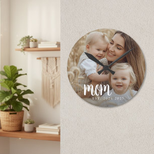Mama etablierte modernes White Script Foto Runde Wanduhr