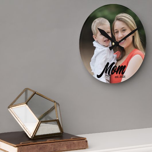 Mama etablierte modernes White Script Foto Runde Wanduhr