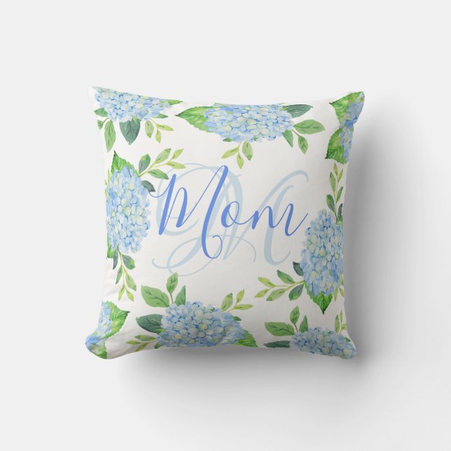 Mama Floral Blue Hydrangea Wasserfarbe Moderne Kissen (Vorderseite)