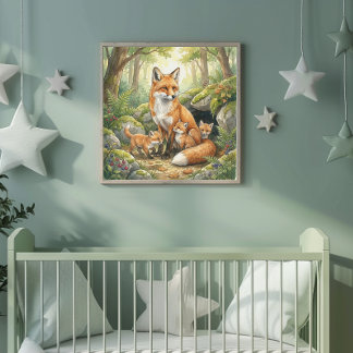 Mama Fox und ihre Babys Kinderkrippe Poster