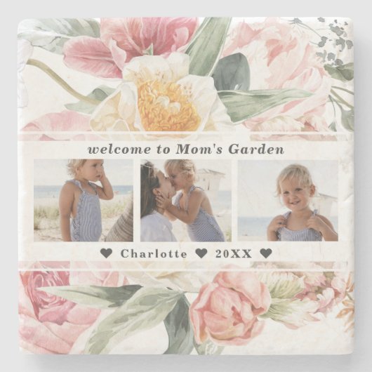 Mama Garden Stone | Drei-Bilder-Collage Steinuntersetzer (Vorderseite)