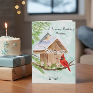 Mama Glücklicher Januar-Geburtstag mit Vögeln am V Karte