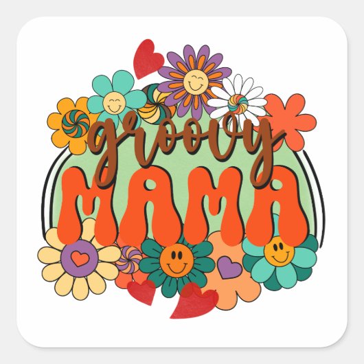 Mama Groovy Floral, Blume Retro Mutterschaft Quadratischer Aufkleber (Vorderseite)