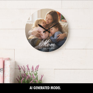 Mama hat modernes weißes Skript-Foto eingerichtet Große Wanduhr