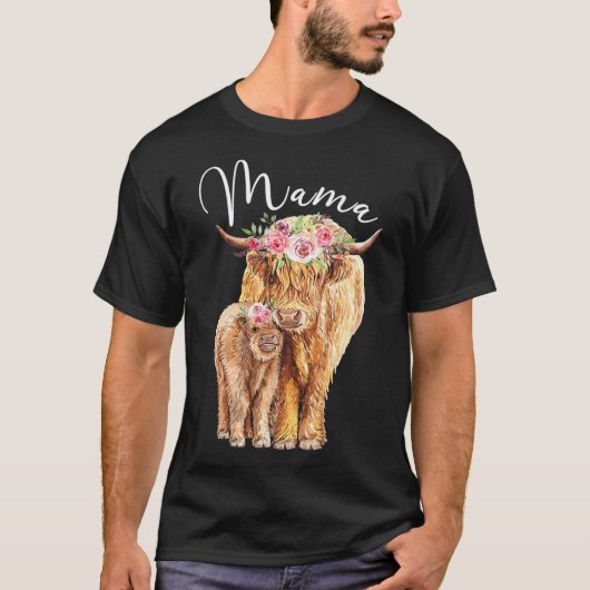 Mama Highland Kuh mit Baby Calf Floral Mütter Da T-Shirt (Vorderseite)
