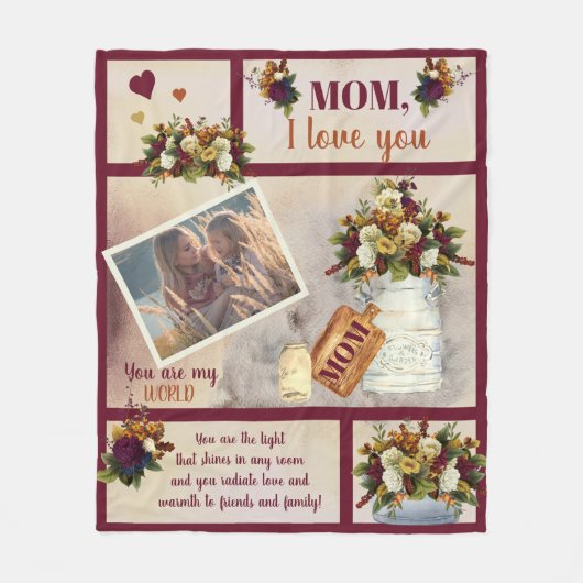 Mama I Liebe Ihr Foto fällt floral | Skripttext Fleecedecke (Vorderseite)