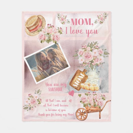 Mama I Liebe Sie Foto Rosa Blume | Skripttext Fleecedecke (Vorderseite)