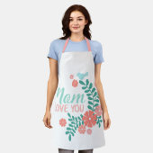 Mama ich liebe dich Text, rosa Blumen, blaue Vögel Schürze (Getragen)