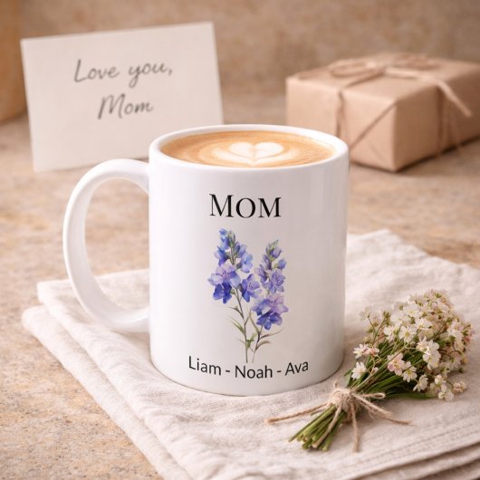 Mama Juli Geburtsblume mit Kindernamen Kaffeetasse