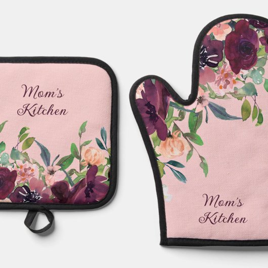 Mama Kitchen Burgundy Pink Floral Ofenhandschuh & Topflappen-Set