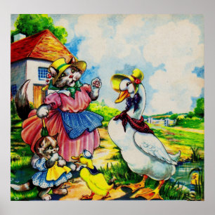 Mama Kitty Cat und Baby Kitty besuchen Enten aus d Poster