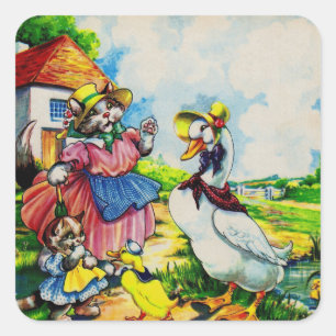 Mama Kitty Cat und Baby Kitty besuchen Enten aus d Quadratischer Aufkleber