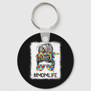 Mama Life Autismus Bewusstsein Messy Bun Shirt mit Schlüsselanhänger