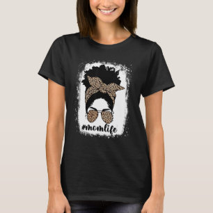 Mama Life gebleicht Mama Leopard Messy Bun Black T-Shirt