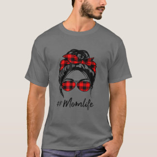 Mama Life Messy Bun Hair Leopard Red Kariert Happy T-Shirt