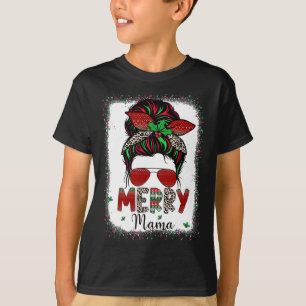 Mama Life Messy Bun Kariert Leopard Xmas Merry Mam T-Shirt