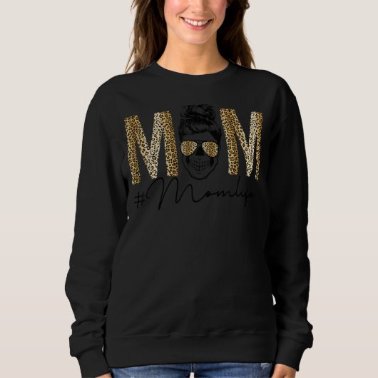 Mama Life Messy Bun Leopard Skull Mama Mutter Sweatshirt (Vorderseite)
