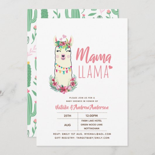 Mama Llama Baby Shower Fiesta Cacti Niedlich Girls Einladung (Vorne/Hinten)