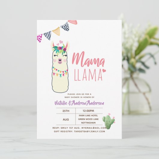 Mama Llama Baby Shower Fiesta Cacti Niedlich Girls Einladung (Stehend Vorderseite)