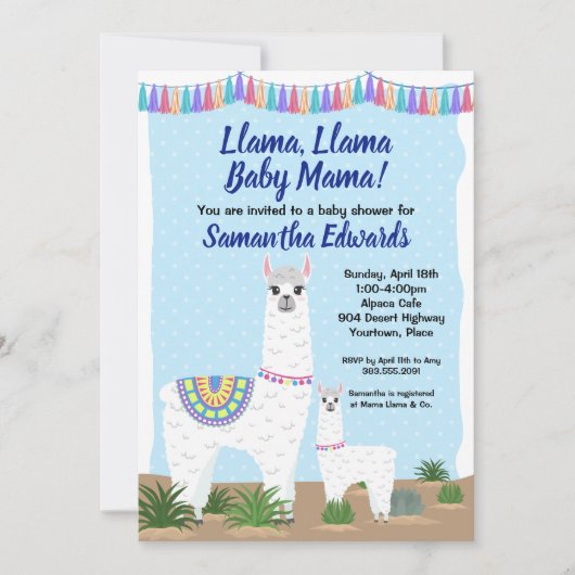 Mama Llama und Baby Blue Polka Dot Baby Dusche Einladung (Vorderseite)