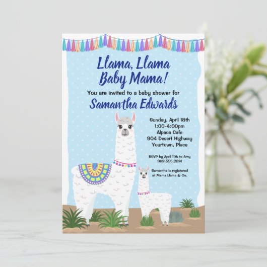 Mama Llama und Baby Blue Polka Dot Baby Dusche Einladung (Stehend Vorderseite)