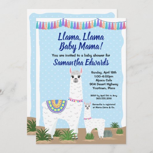 Mama Llama und Baby Blue Polka Dot Baby Dusche Einladung (Vorne/Hinten)